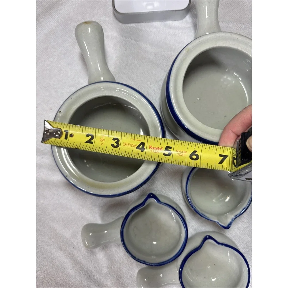 VTG Stoneware Crock French Onion Soup Cream & Blue‎ with Handle Six Pieces